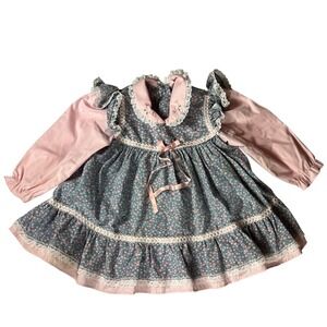 Vintage Floral Prairie‎ Dress Toddler Size 3T Pink Blue Lace Trim Embroidered